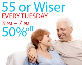 55 or Wiser EVERY TUESDAY 3 pm to 7 pm 50% off your meal.